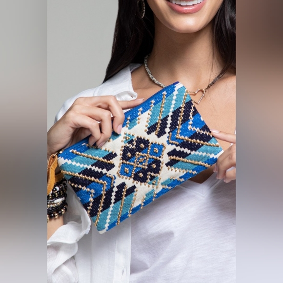 Handmade Hand Beaded Wristlet Clutch - Ethnic Inspired Design - Dyed Fine Cotton - Picture 5 of 7